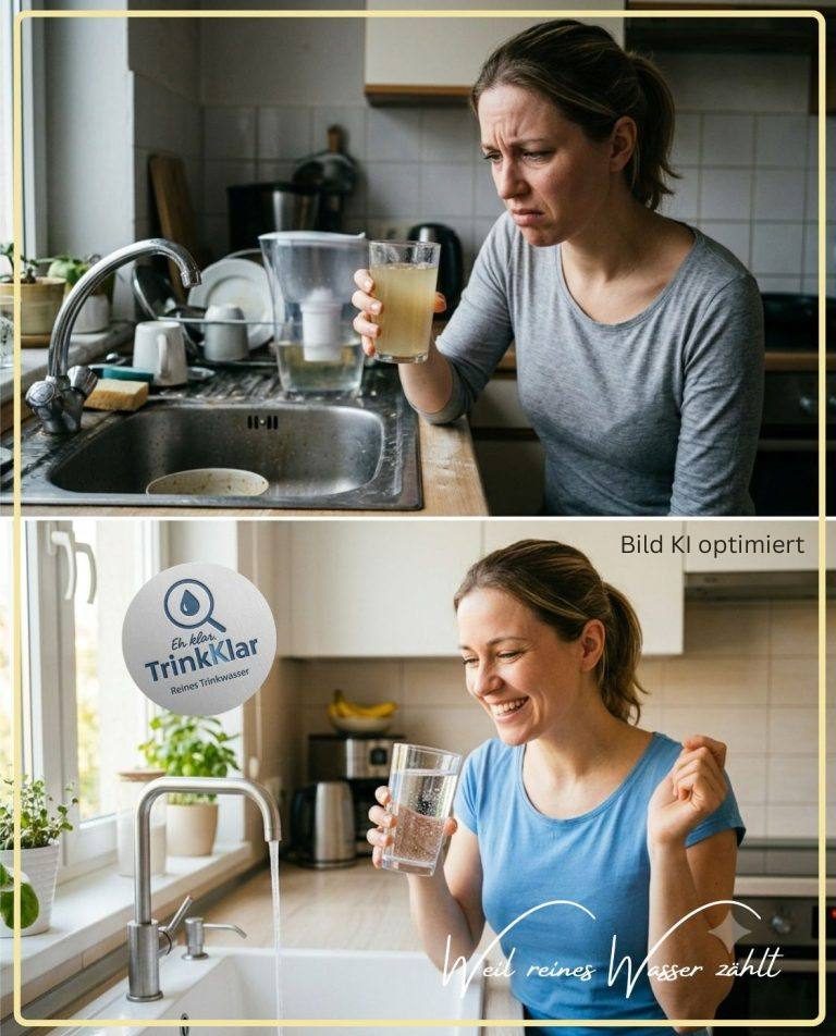Trinkklar - Wassertest mit Klarheit Frau steht in der Küche vor und nach dem Einbau der Osmose- Wasseranlage und genießt reines Trinkwasser